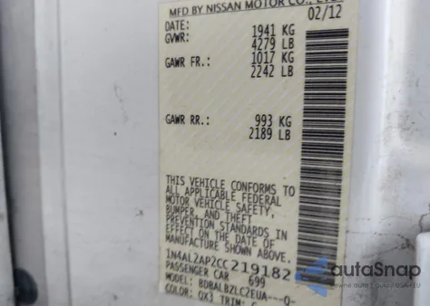 2012 Nissan Altima 2.5 S z USA, uszkodzony, nr VIN 1N4AL2AP2CC219182